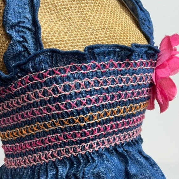 Smocked Chambray Doggy Dress with Pink Flower - Picture 3 of 8